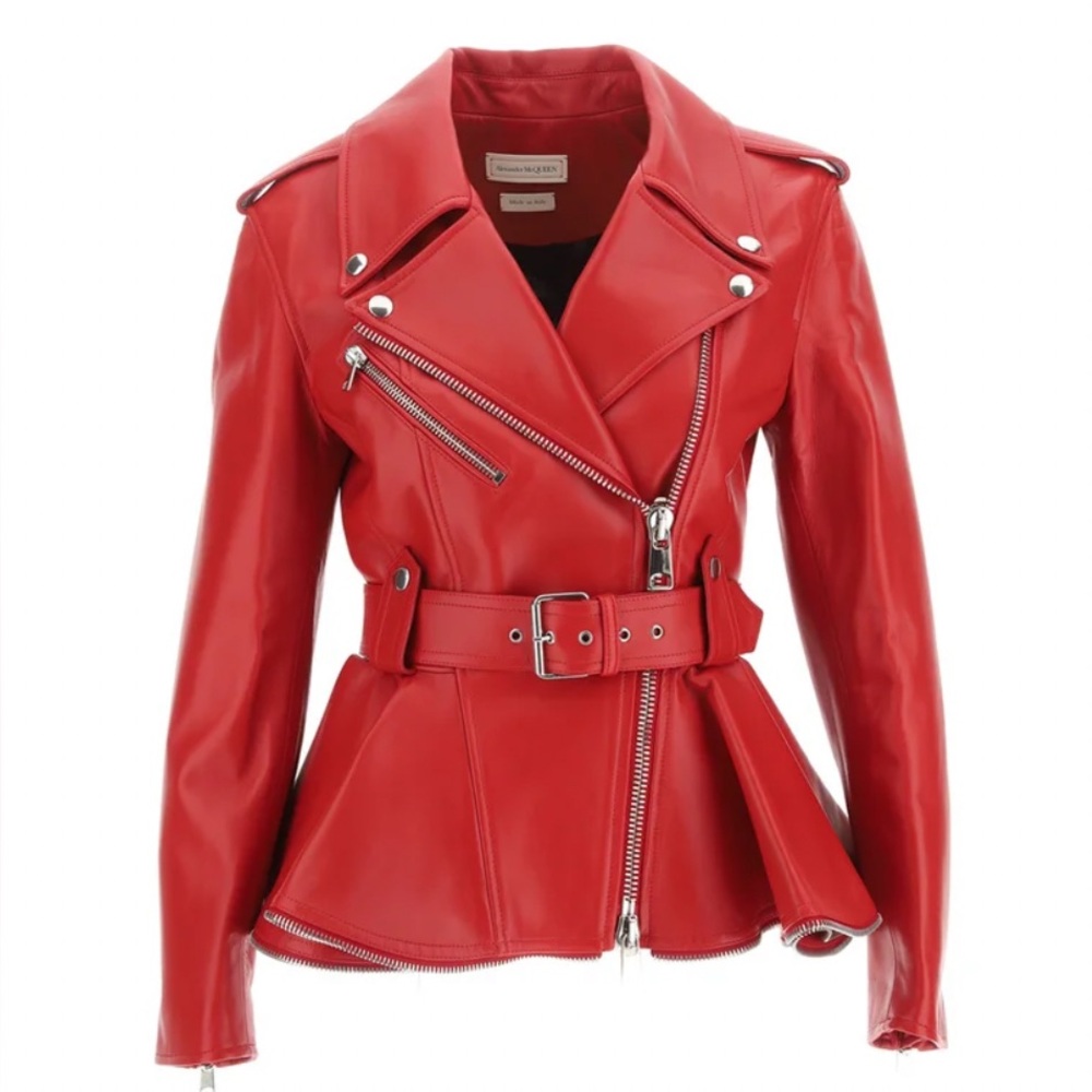 Alexander McQueen Red Peplum Hem Zipper Detail Leather Biker Jacket, size IT40